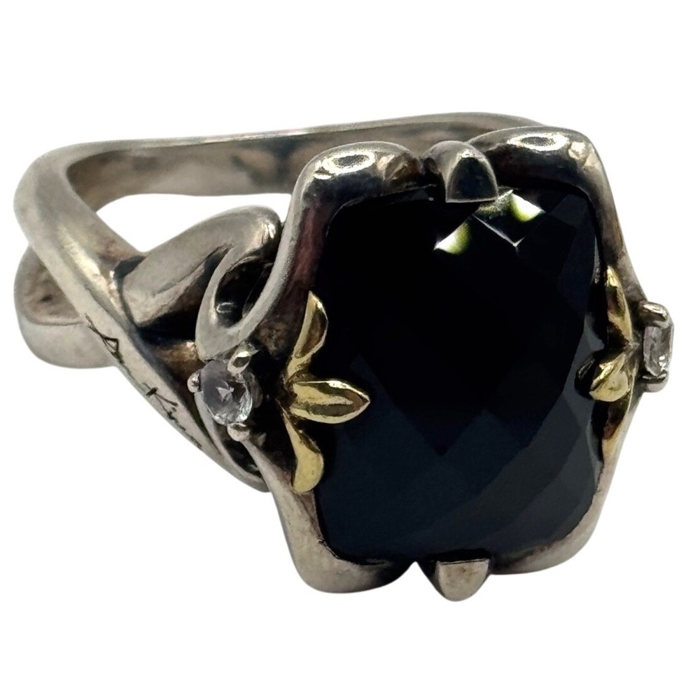 Ann King Sterling Silver 925 18K Gold Accent Black Onyx Clear Topaz Ring Size 10